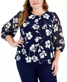 Трикотажный топ больших размеров с принтом и шифоновыми рукавами Kasper, синий