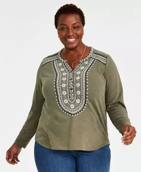 Трикотажный топ больших размеров с вышивкой Style & Co, зеленый