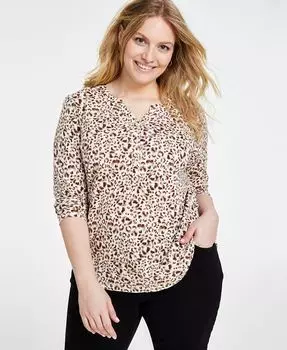 Трикотажный топ больших размеров с животным принтом Style & Co, тан/бежевый