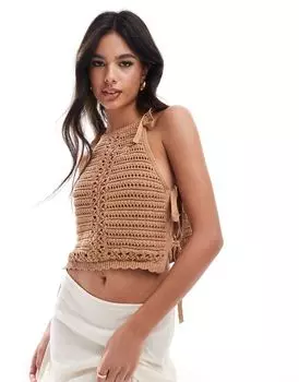 Трикотажный топ цвета мокко с воротником-бретелькой и завязками по бокам ASOS DESIGN