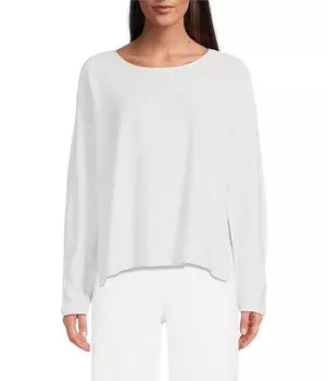Трикотажный топ-футляр Eileen Fisher из органического льна с круглым вырезом и длинными рукавами, белый