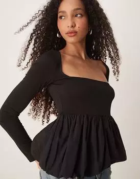 Трикотажный топ Gina Tricot с длинными рукавами и тканым подолом черного цвета