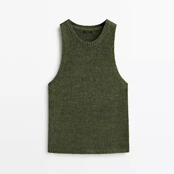 Трикотажный топ из рельефного смесового льна Massimo Dutti, темно-зеленый