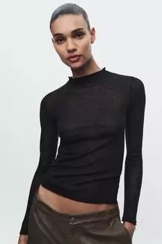 Трикотажный топ из шелка и шерсти с высоким воротом ZARA, черный