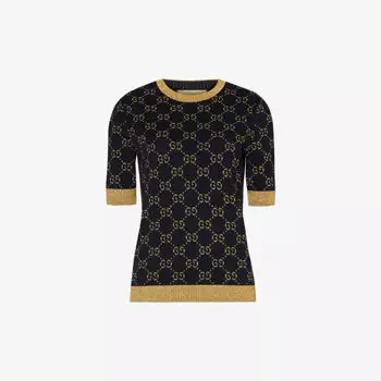 Трикотажный топ из смесового хлопка с узором монограммы и ребристой отделкой Gucci, синий