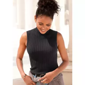 Трикотажный топ LASCANA из мягкого ребристого трикотажа с воротником стойкой, черный