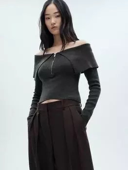 Трикотажный топ на молнии harry с открытыми плечами Mango, темно-серый