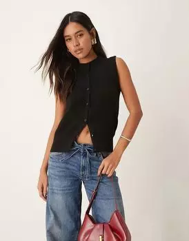 Трикотажный топ на пуговицах черного цвета New Look