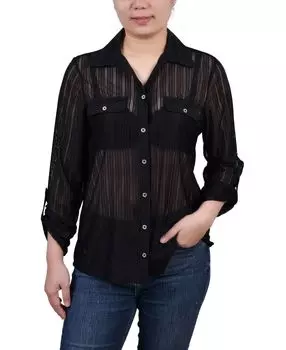 Трикотажный топ petite с длинными рукавами и выгоревшим язычком NY Collection, черный