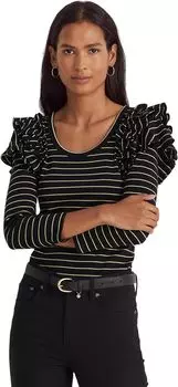 Трикотажный топ Petite в металлическую полоску с рюшами LAUREN Ralph Lauren, цвет Polo Black/Gold