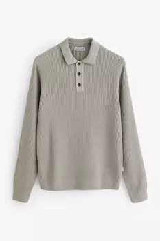 Трикотажный топ поло с длинными рукавами в рубчик Jack & Jones, серый