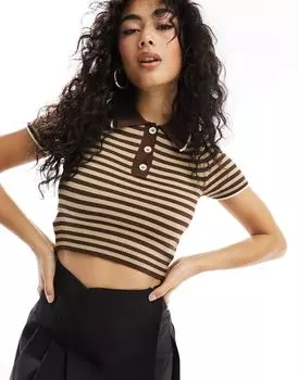 Трикотажный топ-поло с полумолнией ASOS DESIGN в коричнево-черную полоску