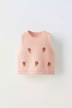 Трикотажный топ с цветочным узором ZARA, цвет peach