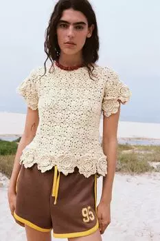 Трикотажный топ с цветочным вязанием крючком ZARA, экрю