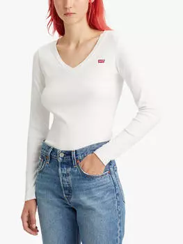 Трикотажный топ с длинными рукавами и V-образным вырезом Levi's Baby Logo, белый