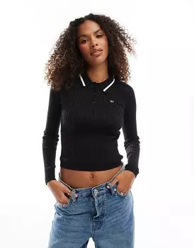 Трикотажный топ с длинными рукавами и воротником-поло черного цвета Tommy Jeans