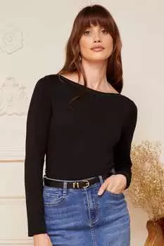 Трикотажный топ с длинными рукавами отделкой и вырезом «лодочка» Love & Roses, черный