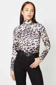 Трикотажный топ с длинными рукавами Petite Animal с высоким воротником и длинными рукавами Oasis, коричневый