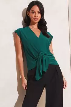 Трикотажный топ с короткими рукавами закругленным передом и V-образным вырезом Lipsy, бирюзовый