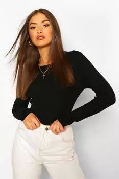 Трикотажный топ с круглым вырезом и длинными рукавами Boohoo, черный
