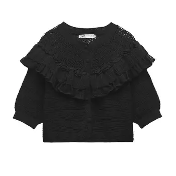 Трикотажный топ с кружевом ZARA, черный