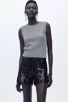 Трикотажный топ с металлической нитью и пайетками ZARA, серебряный