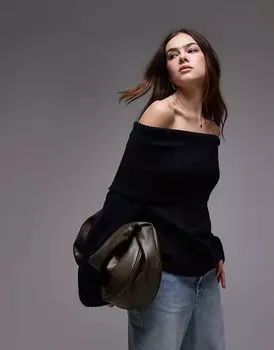 Трикотажный топ с открытыми плечами темно-синего цвета Topshop
