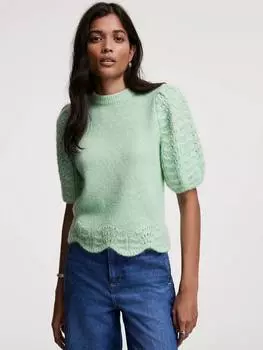Трикотажный топ с пышным рукавом и подолом в виде гребешка Mint Velvet, зеленый