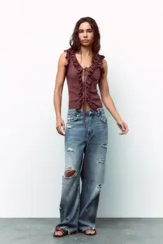 Трикотажный топ с рюшами и завязками ZARA, бледно-розовый