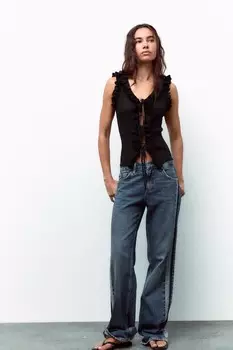 Трикотажный топ с рюшами и завязками ZARA, черный