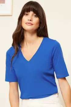 Трикотажный топ с V-образным вырезом и асимметричным подолом Love & Roses, синий