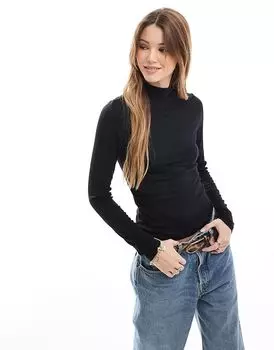 Трикотажный топ с воротником-стойкой в рубчик черного цвета Pimkie