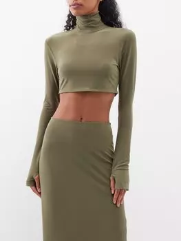 Трикотажный топ с высоким воротником и длинными рукавами Norma Kamali, зеленый