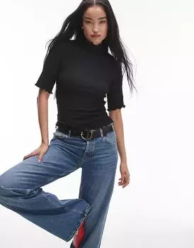 Трикотажный топ с высоким воротом, рукавами до локтя и необработанным краем черного цвета & Other Stories