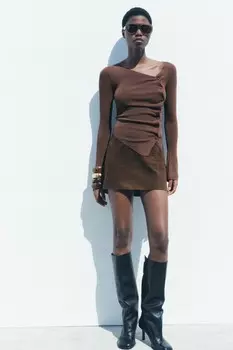 Трикотажный топ со сборкой ZARA, коричневый