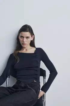 Трикотажный топ со сборкой ZARA, темно-синий