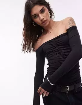 Трикотажный топ Topshop с длинными рукавами и рюшами, черный цвет