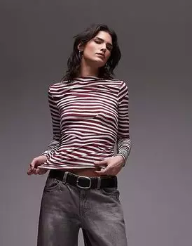 Трикотажный топ Topshop с вырезом-лодочкой и длинными рукавами в белом и бордовом цветах