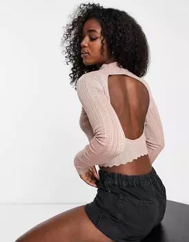 Трикотажный топ в рубчик с открытой спиной цвета мокко Miss Selfridge