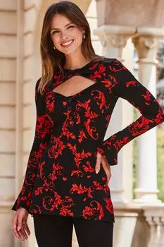 Трикотажный топ в стиле барокко с каплевидным вырезом и расклешенными манжетами Sosandar, красный