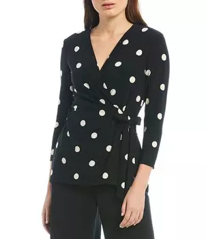 Трикотажный трикотажный топ Anne Klein с принтом в горошек и v-образным вырезом, рукавами 3/4 и искусственной запахой, мультиколор