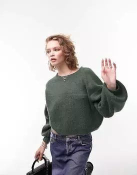 Трикотажный укороченный джемпер в рубчик цвета хаки Topshop