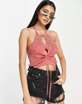Трикотажный укороченный топ ASOS DESIGN с рюшами и вырезами спереди в космическом цвете