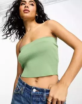 Трикотажный укороченный топ без бретелек цвета хаки ASOS