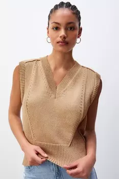 Трикотажный жилет майка с V образным вырезом в рубчик Next, коричневый