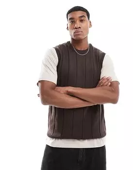 Трикотажный жилет с круглым вырезом в рубчик коричневого цвета Threadbare