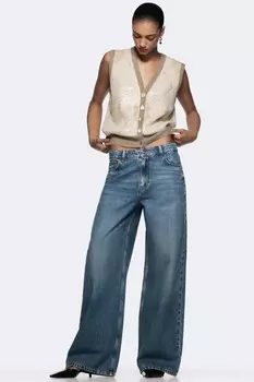 Трикотажный жилет с пайетками и аргайлом ZARA, бежевый