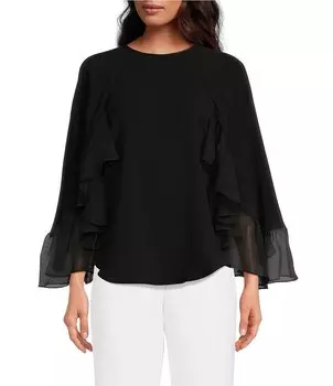 Trina Turk Akari Тканая блузка с круглым вырезом и прозрачными рукавами с рюшами, черный