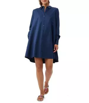 Trina Turk Tulla Платье-рубашка оверсайз из органического хлопка с острым воротником на пуговицах и плиссированной спиной с высоким и низким подолом, синий