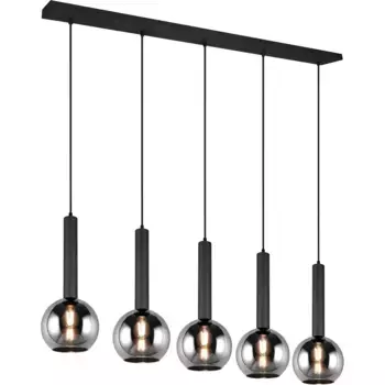 TRIO Leuchten Подвесной светильник «Clayton», 5 лампочек, лампа E27 | без лампы, регулируемая высота подвесного светильника до 150 см, тонированное стекло, без 5xE27, цвет schwarz matt